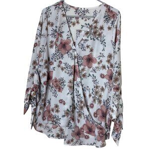 West K Blouse Womens XXL Faux Wrap White Pink Floral Tie Sleeve V-Neck Top